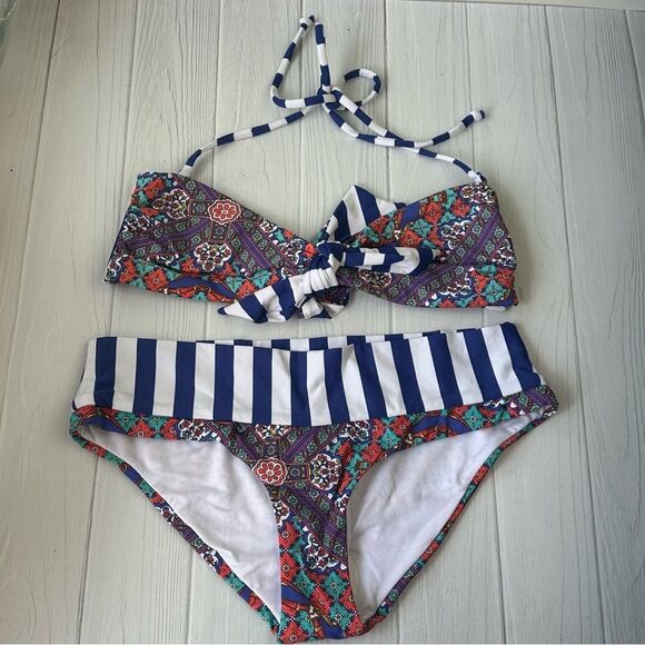 Ondademar Colombian 2 Piece Bikini Adjustable Striped Bandeau Halter Sz Small - Picture 1 of 10